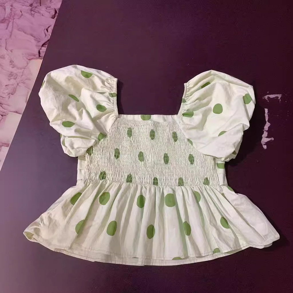 เสื้อ Polka Dot Puff Sleeve Ruched Crop K-Fashion French Chic Nique Elegant