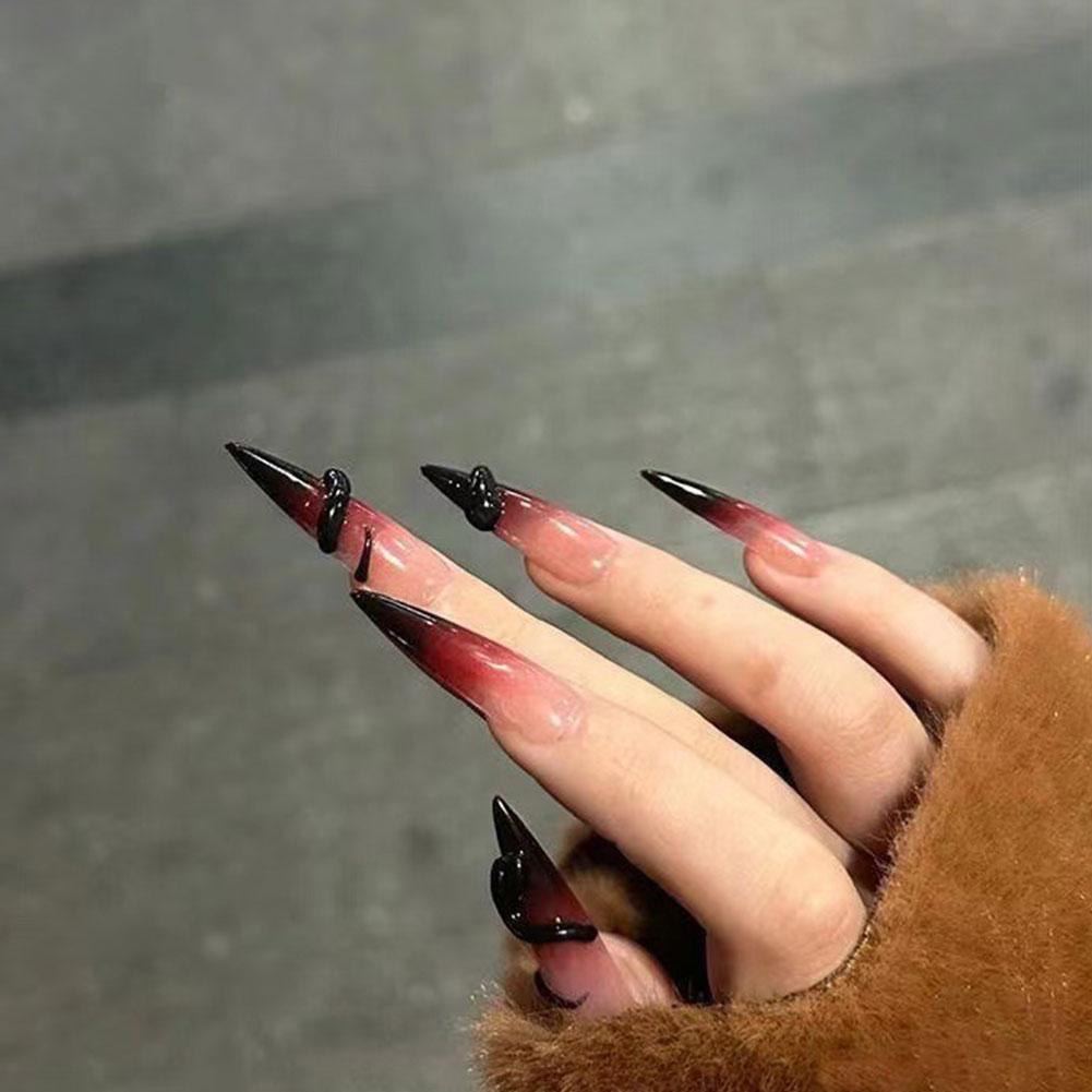 2025 ปีงู Handmade ปลายยาวสวมใส่เครื่องเทศเล็บ Simple Gradient สีแดงเข้มนักเรียน P8a4