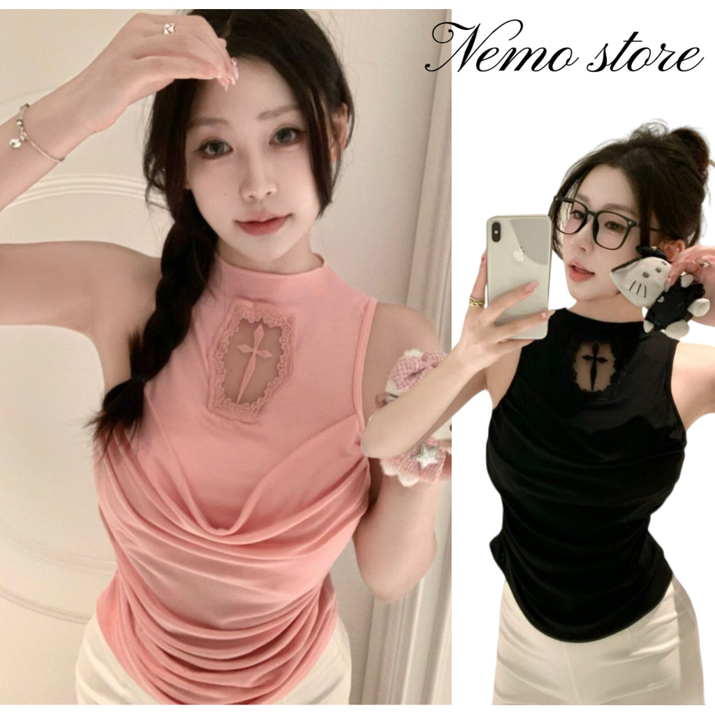Nemo🌸#FY2948 เสื้อแขนกุด ทรงเข้ารูป รายละเอียดลูกไม้ประณีต มีฟองน้ำ สีเรียบ เรียบร้อยและเซ็กซี่