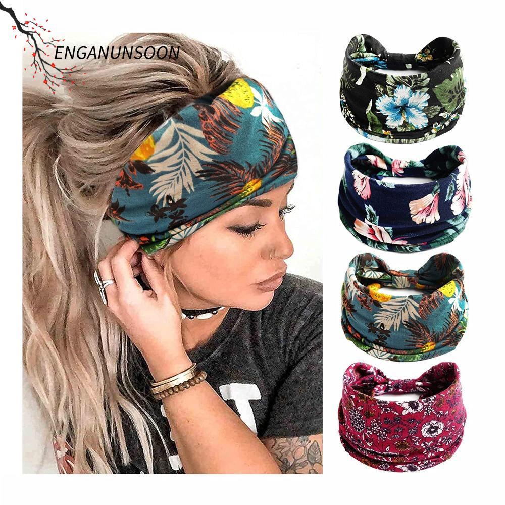 ENGANUNSOON แถบคาดศีรษะ,กว้างผ้าฝ้ายยืดผู้หญิงHeadwrap,ยืดหยุ่นTurban Headwearขนาดใหญ่พิเศษสบายๆVINTAGE Knotโยคะผมวงสําหรับเต้นรําBiker