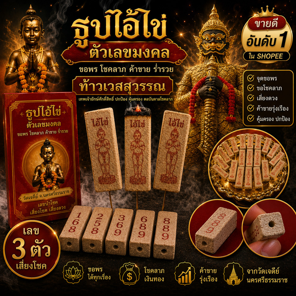 ธูปไอ้ไข่/ท้าวเวสสุสรรณ (ธูปตัวเลข) 3 หลัก ธูปใบ้หวย ธูปขอตัวเลข เลขเด็ด
