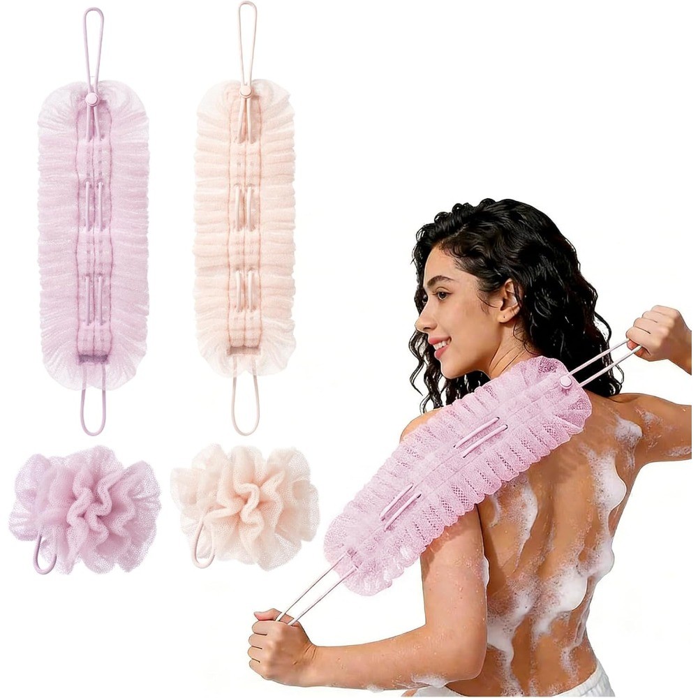 2 in 1 Exfoliating Body Scrubber Bath Ball Back Scrubber Stretch Drawstring ทําความสะอาดล้ําลึก Rich Foam ฟองน้ําอาบน้ํา