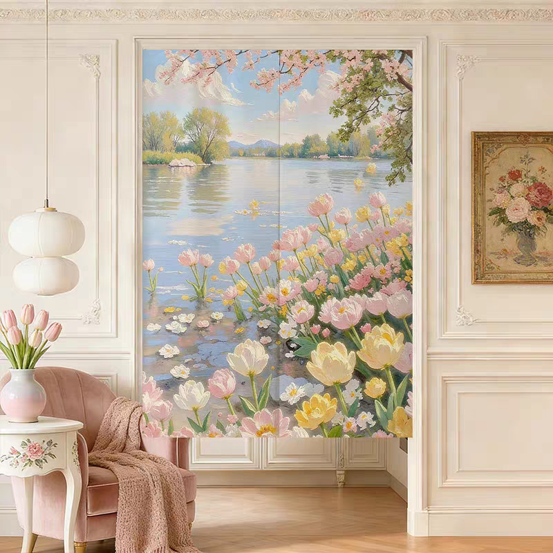 Spring Landscape Oil Painting Noren Curtain, Aesthetic Floral Half Curtain for Cafe/Shop