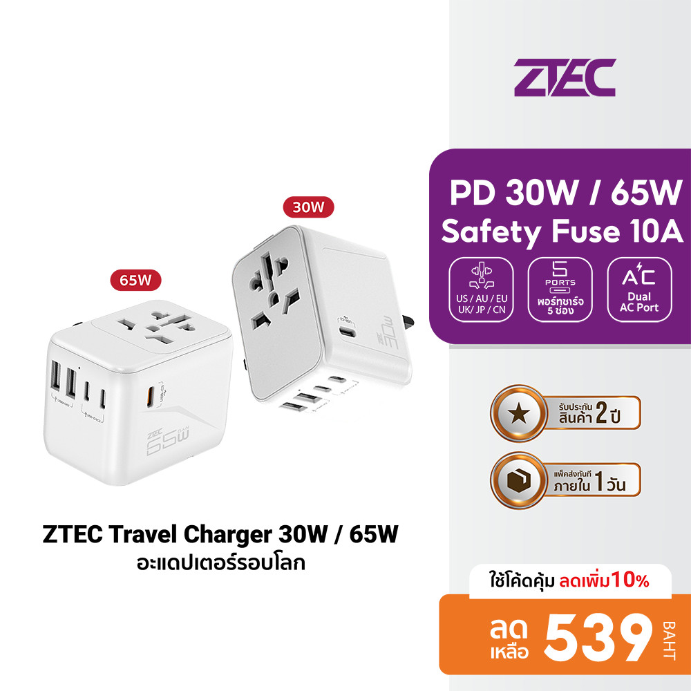 [ลดเหลือ 539] ZTEC Travel Charger 65W / 30W / 20W หัวแปลงปลั๊กไฟ พร้อมพอร์ตชาร์จในตัว รองรับกระแสไฟ 