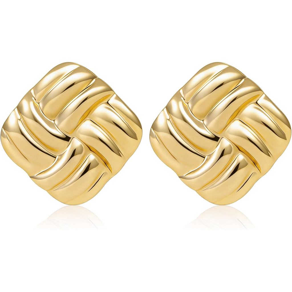 Chunky Gold Square Stud ต่างหูสําหรับผู้หญิง Vintage Textured Statement ต่างหู 18K สแตนเลสสตีล Hypoa