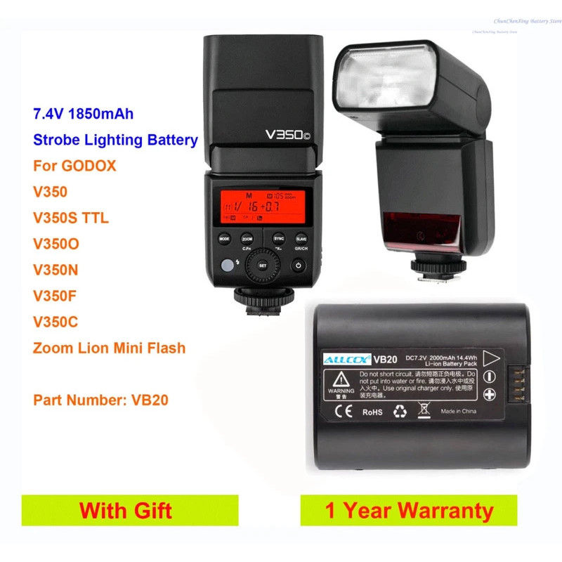 ALLCCX 7.2V 2000mAh Strobe แบตเตอรี่ VB20 สําหรับ GODOX V350, V350S TTL, V350O, V350N,V350F,V350C, ซ