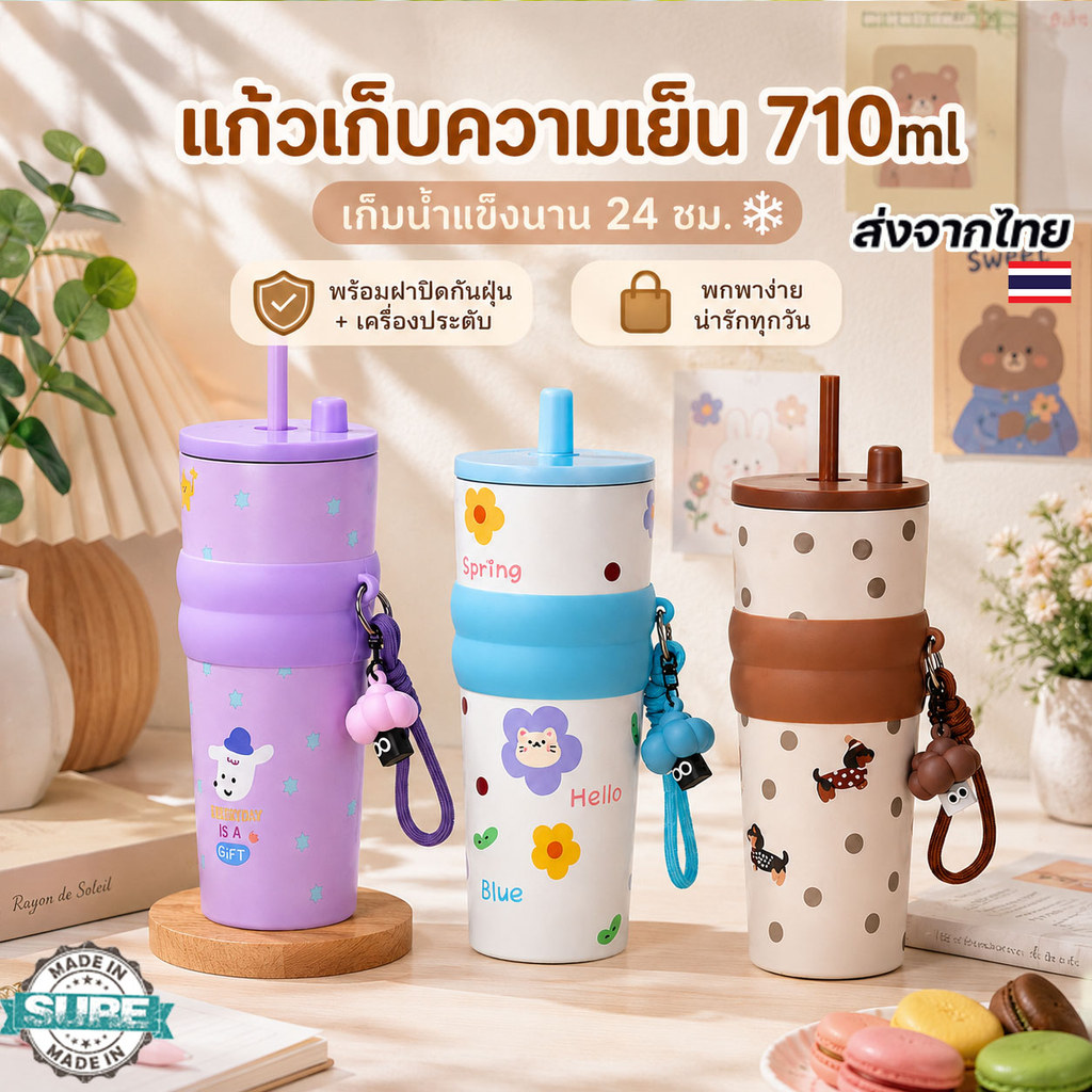 แก้วน้ำพกพา 710ml เก็บความเย็นได้นาน ดีไซน์น่ารัก พร้อมฝากันฝุ่นและเครื่องประดับ เหมาะให้เป็นของขวัญ