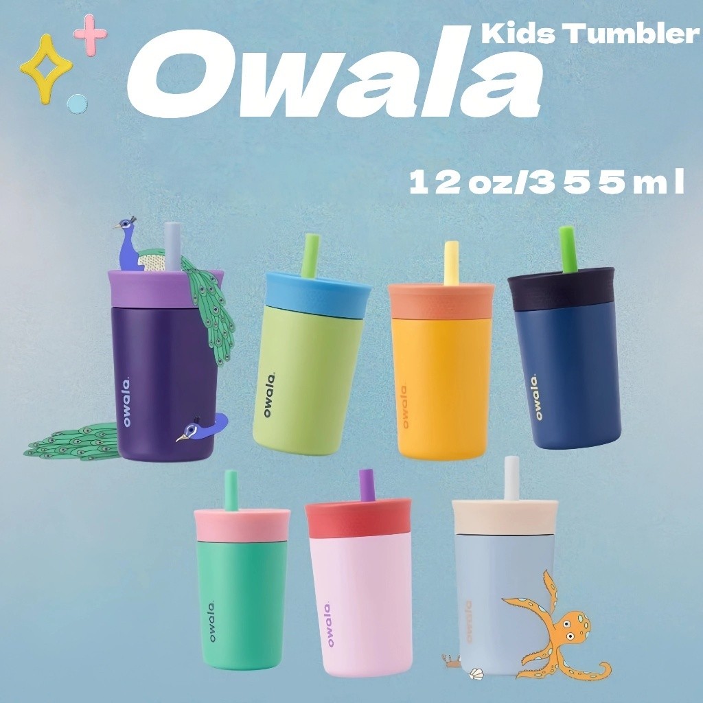 {ของแท้ 100% และมีพร้อมส่ง} Owala Kids Tumbler ขนาด 12oz (355ml), ขวดน้ำสแตนเลสหุ้มฉนวนพร้อมหลอดดูด