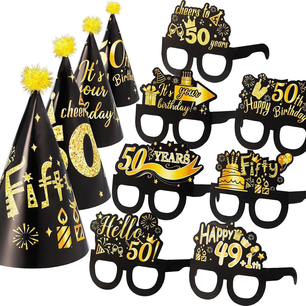 26 ชิ้น 50th Birthday Party ตกแต่งแว่นตาและหมวกชุดสีดําทอง Theme กระดาษแว่นตาและหมวกตลกแว่นตาและหมวก