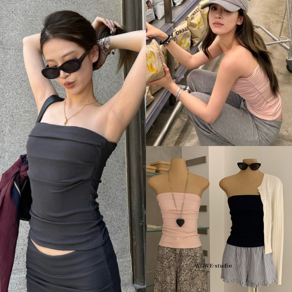 ❤ 🧵 🇰🇷 W9107 เกาะอก ผ้ายืดร่องเล็ก จับจีบด้านข้าง งานเก๋มากๆค่า ผ้ายืดหยุ่นได้ดี ทรงสวย ใส่ง่าย แฟชั่นเกาหลี TAG WG.WE 🧡