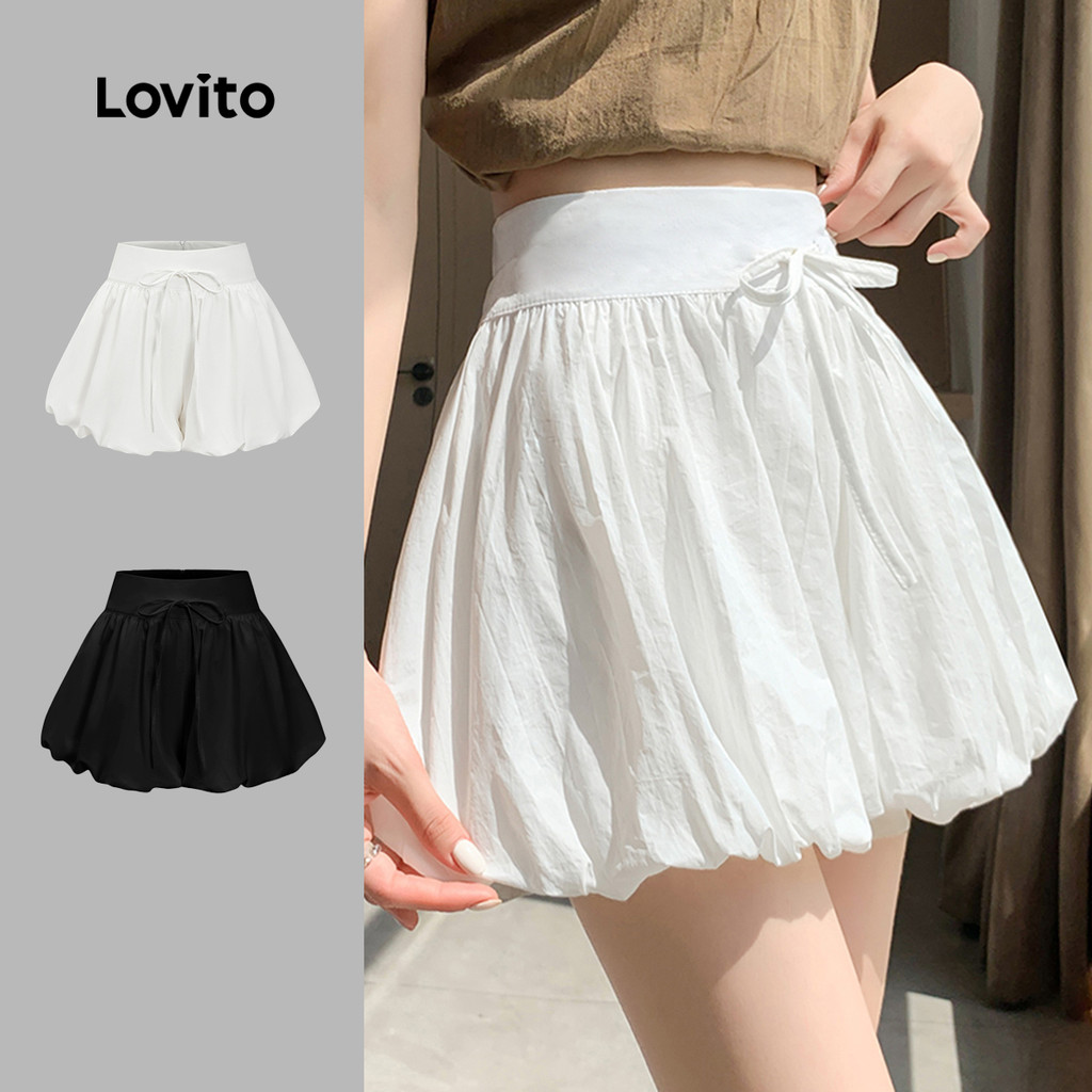 (Hot) Lovito กางเกงขาสั้นลําลองกางเกงขาสั้นผ้าเดรปโบว์ธรรมดาสําหรับผู้หญิง L88AD101