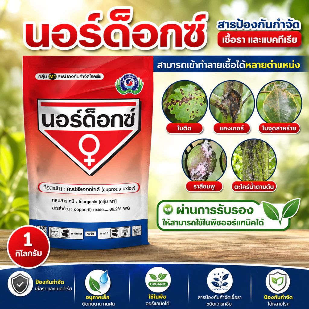 [1กิโลกรัม] นอร์ด็อกซ์│เทพวัฒนา ตราปลาคู่│ยาเชื้อรา สารป้องกันกำจัดโรคพืช (แคงเกอร์ ใบจุดสาหร่าย ตะไคร