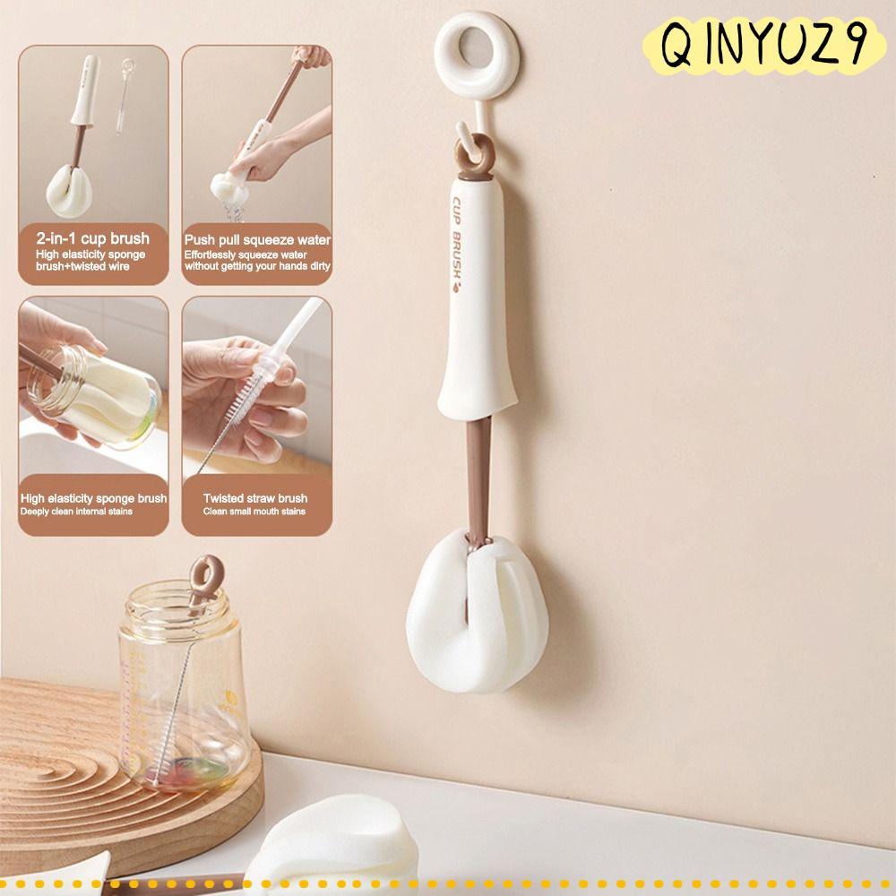 QINYUZ9QX แปรงทําความสะอาดถ้วยน้ํา,แบบพกพา 2-in-1 แปรงถ้วยในครัวเรือน,ของขวัญแปรงด้ามยาวเครื่องมือทําความสะอาดขวดแปรงทําความสะอาดฟองน้ํา