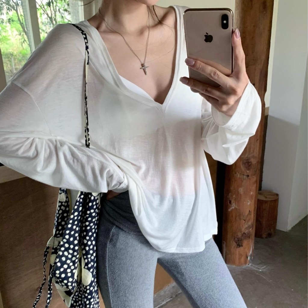 เสื้อสลาฟคอวีใหญ่ ทรงหลวมใส่สบาย ระบายอากาศดี เหมาะใส่เที่ยวทุกวัน Slub (9013)