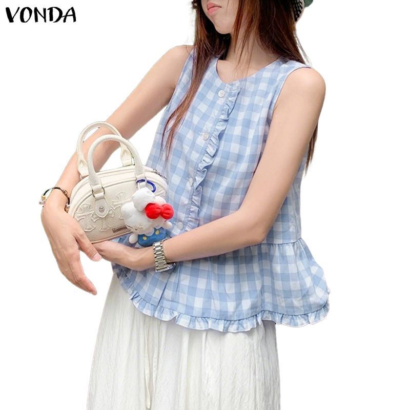 Vonda ผู้หญิงเกาหลีสาวหวานลายสก๊อตทอเสื้อกล้าม,รอบคอ Ruffle Trim ปุ่มรายละเอียดแยกออกแบบ Ruffle Hem หลวม A-Line แขนกุดสบายๆเสื้อกั๊ก