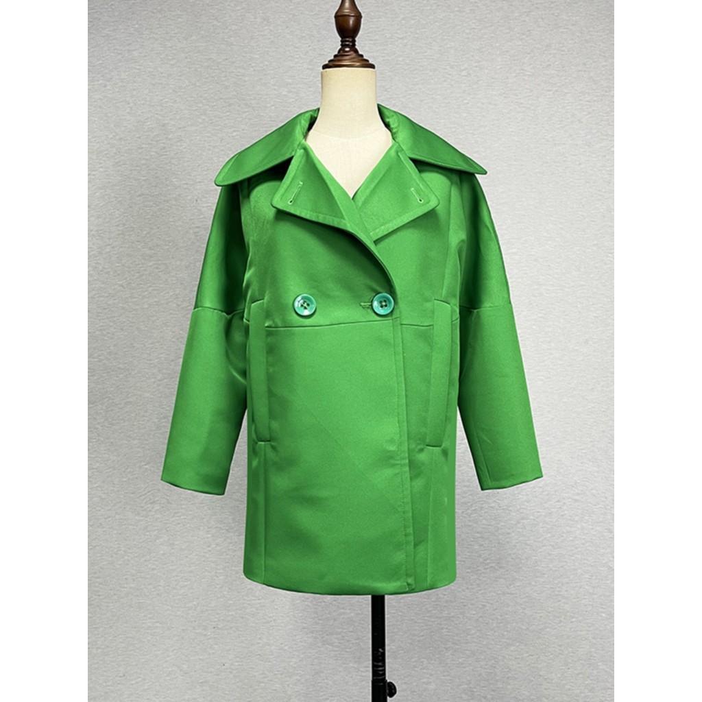 ยี่ห้อส่วนลดสีเขียว Ankle-Sleeved Windbreakerผู้หญิงฤดูใบไม้ผลิฤดูใบไม้ร่วงSlim-FitตรงชุดคอDouble-Br