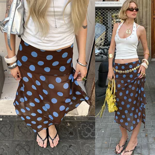 Dahong 99410 กระโปรงยาวผ้าพริ้ว ดีเทลลายจุด แฟชั่นผู้หญิงใหม่ Contrast สี Polka Dots ไม่สม่ําเสมอตาข่ายดูผ่านกระโปรงยาว