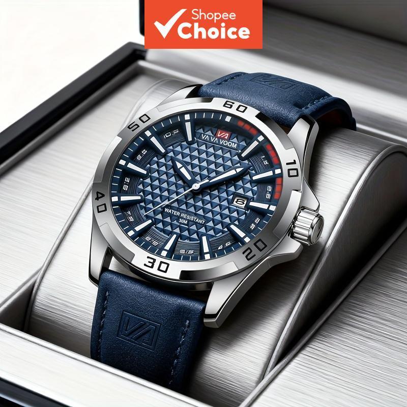 Va2581 นาฬิกา Luxury Mens หน้าปัดเรืองแสง กันน้ํา 50 ม. วันเดท หนังแท้