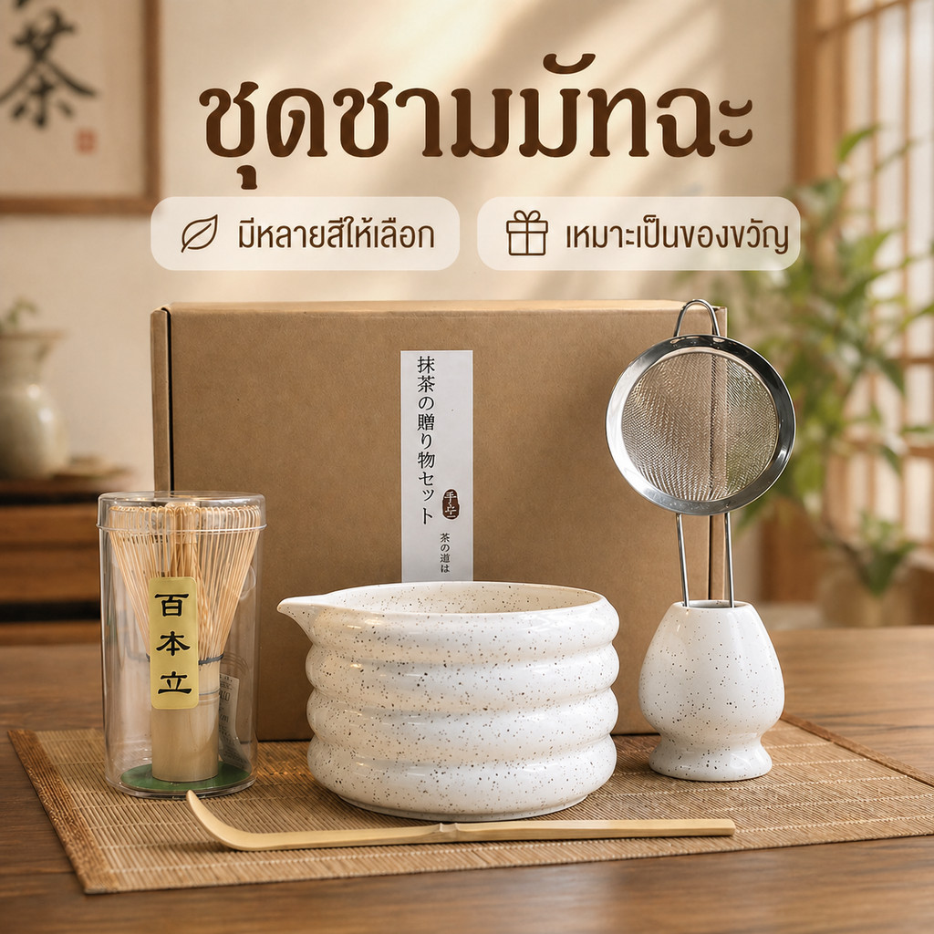 （รุ่นใหม่ล่าสุด）ชุดมัทฉะ 5 ชิ้น ชามมัทฉะแบบญี่ปุ่น มีหลายสีให้เลือก แพ็กเกจสวยงาม