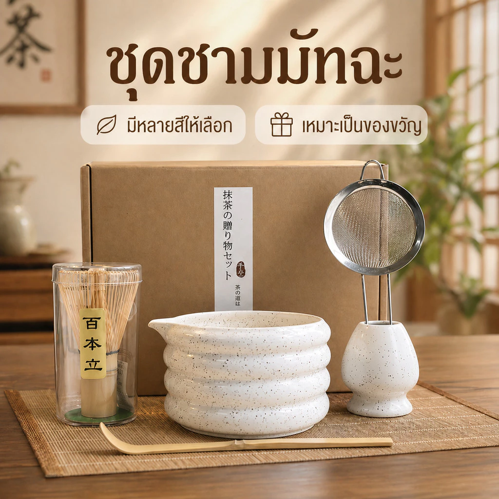 ชุดทำมัทฉะ 5 in 1 ถ้วยเซรามิก ตะกร้อมัทฉะไม้ไผ่ ตะแกรงสแตนเลส แบบญี่ปุ่น 3 สี