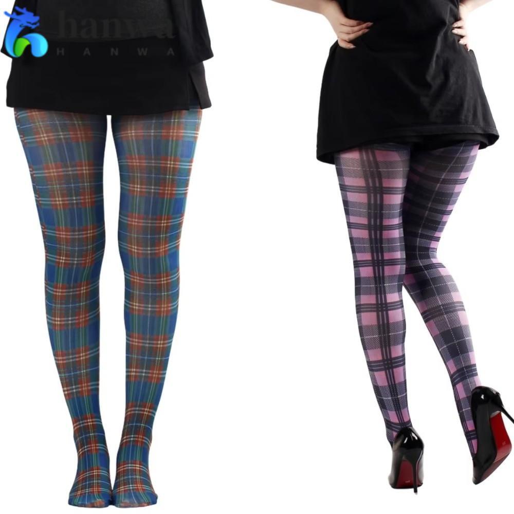HANWA พิมพ์ Tights, สก็อตเช็ครูปแบบ Semi-Opaque ผู้หญิง Pantyhose, คลาสสิก Tartan สีแดงสีม่วงสีฟ้า H