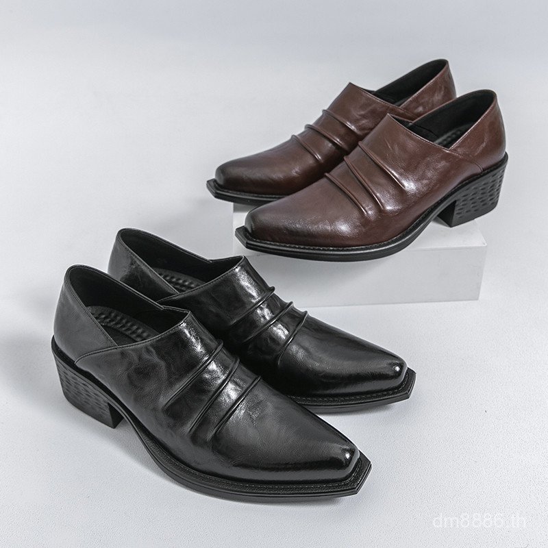 ผู้ชาย Retro Square Toe ส้นหนารองเท้าธุรกิจ Casual Slip-On รองเท้าไม่มีส้นสไตล์อังกฤษ Low-Top รองเท้
