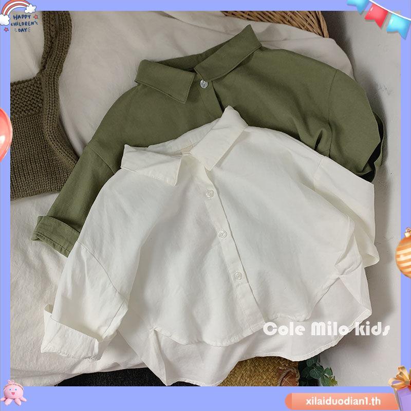 เสื้อเชิ้ต ผ้าฝ้าย และผ้าลินิน ทรงหลวม แฟชั่นฤดูใบไม้ผลิ และฤดูใบไม้ร่วง สไตล์เกาหลี สําหรับเด็กผู้ช