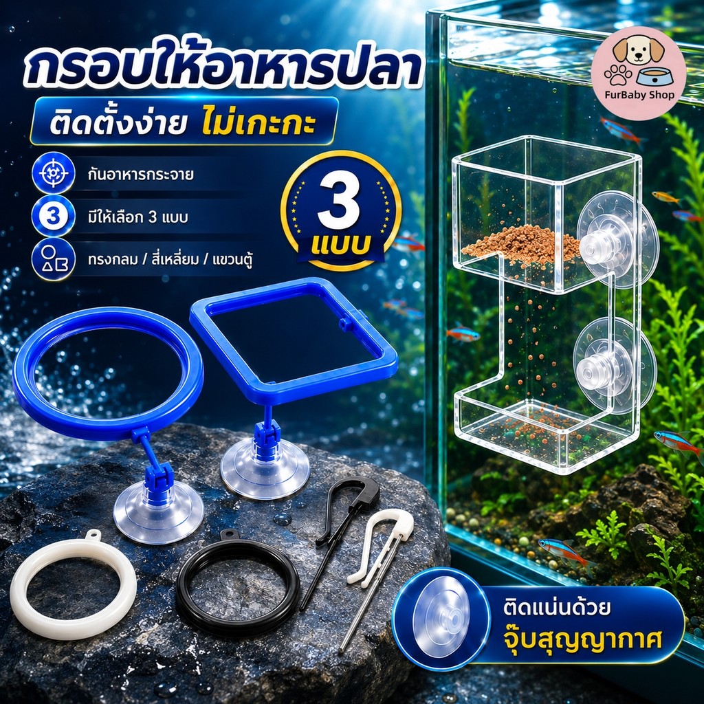 【FurBaby】พร้อมส่ง COD เครื่องให้อาหารปลา ห่วงให้อาหารปลา กรวยให้อาหารปลา อะคริลิคแบบใส ทรงสี่เหลี่ยม ทรงกลม ลอยน้ำ