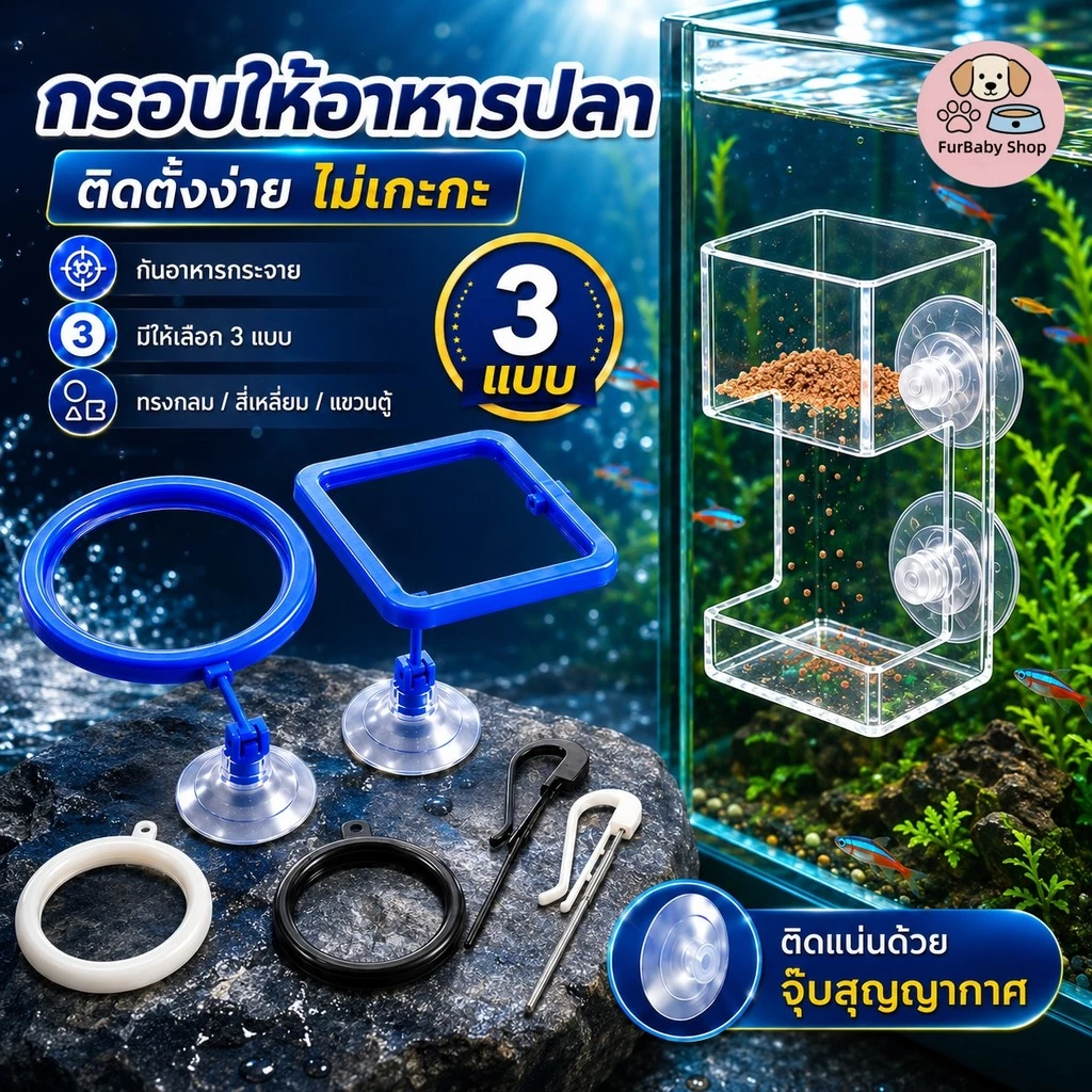 【FurBaby】พร้อมส่ง COD เครื่องให้อาหารปลา ห่วงให้อาหารปลา กรวยให้อาหารปลา อะคริลิคแบบใส ทรงสี่เหลี่ยม ทรงกลม ลอยน้ำ
