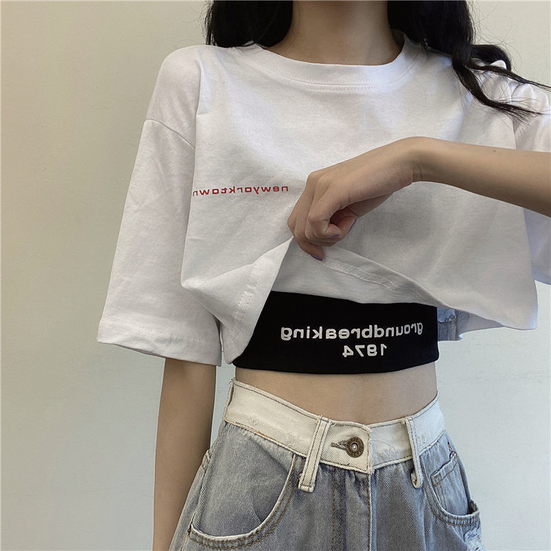 爵士舞服装上衣+背心两套街舞圆领舞蹈练功服露脐短款宽松白色260507 Jazz dance outfit: top + vest, two-piece street dance round-neck