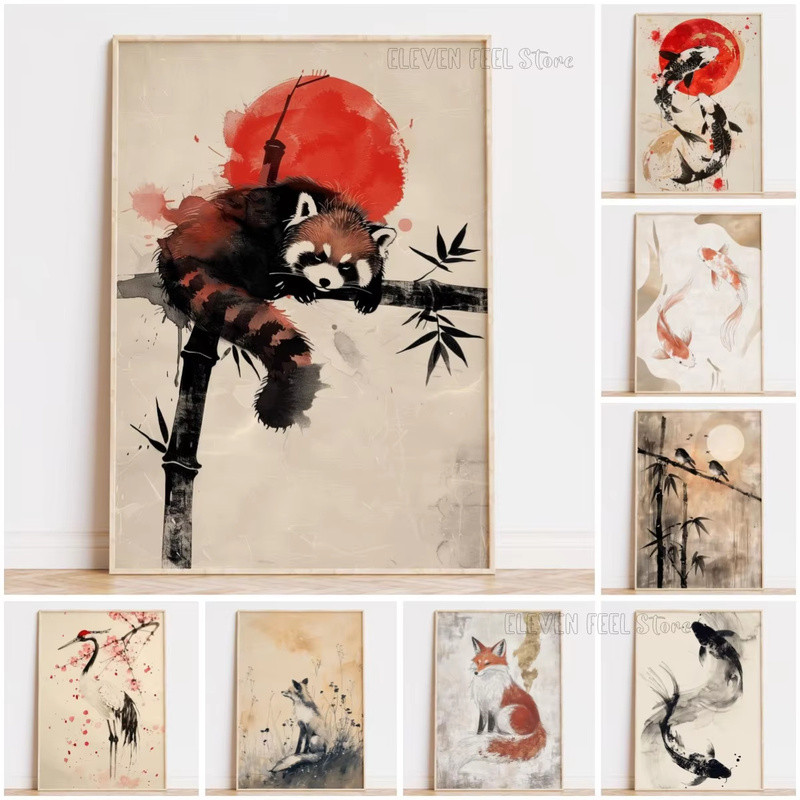 Neutral Japanese-Scandinavion สไตล์สัตว์ Wall art, สีส้มและสีขาวญี่ปุ่น koi บทคัดย่อทองตกแต่งผ้าใบพิมพ์โปสเตอร์, Zen ตกแต่งผนัง
