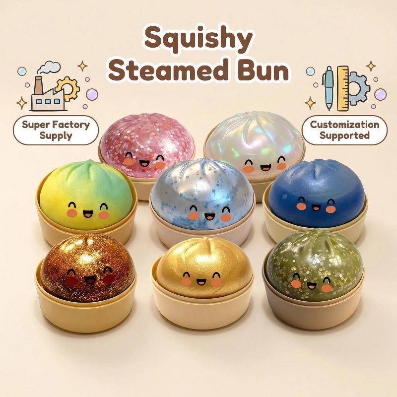 FG Glitter Dumpling Squishy ของเล่น,ช้า Rising Soft Squeeze Ball พร้อมการแสดงออกน่ารัก Sensory Fidget,น่ารัก Bao Bun Fidget ของเล่นพร้อมกล่อง Steamer สําหรับความวิตกกังวลและความเครียดบรรเทา