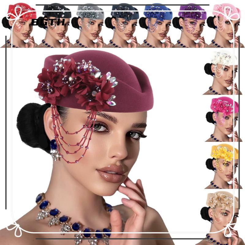 BSG สไตล์อังกฤษ Retro หมวกสําหรับผู้หญิง 3D ดอกไม้ Decor Elegant Flight Attendant หมวกสําหรับ Photos