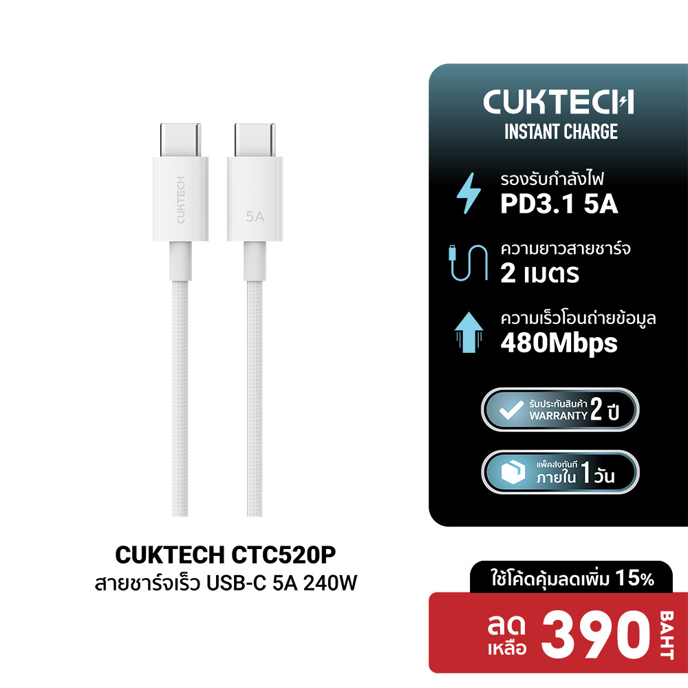 [ลดเหลือ 390] CUKTECH CTC520P 5A 240W สายชาร์จไนลอนถัก USB-C to USB-C ความยาว 2 เมตร ชาร์จเร็ว PD 3.