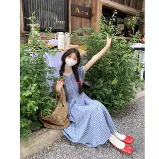 STYLE#เดรสแขนสั้นสีฟ้าลายตาราง หญิง สไตล์เรโทร แขนพอง ผูกเอว ทรงหลวมเกาหลี ใช้ได้หลายโอกาส เหมาะหน้าร้อน#99399