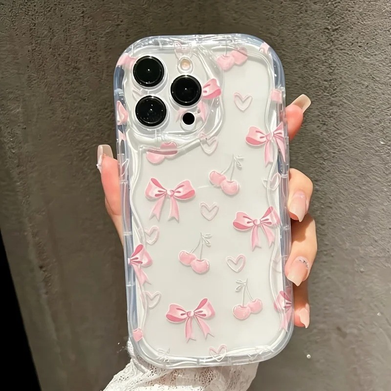 สีชมพูเชอร์รี่โบว์หัวใจรูปแบบเคสโทรศัพท์สําหรับiPhone 17 16 15 14 13 12 11 Pro Max Plus 16E 17Eใสหยักขอบโค้งGlossyกันกระแทกปกอ่อน