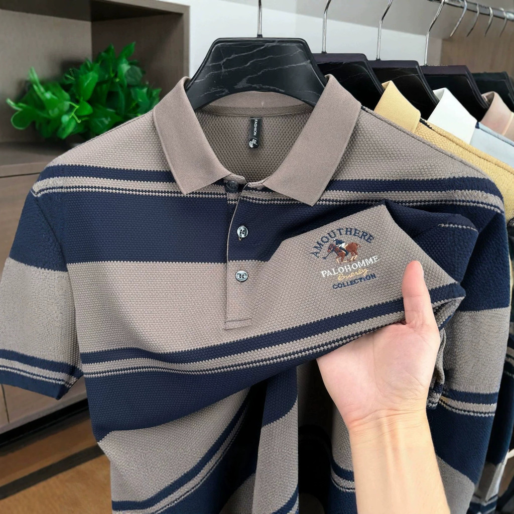 เสื้อยืดแขนสั้นผู้ชายสไตล์ใหม่ลายปักปกเสื้อโปโลครึ่งแขนด้านบน