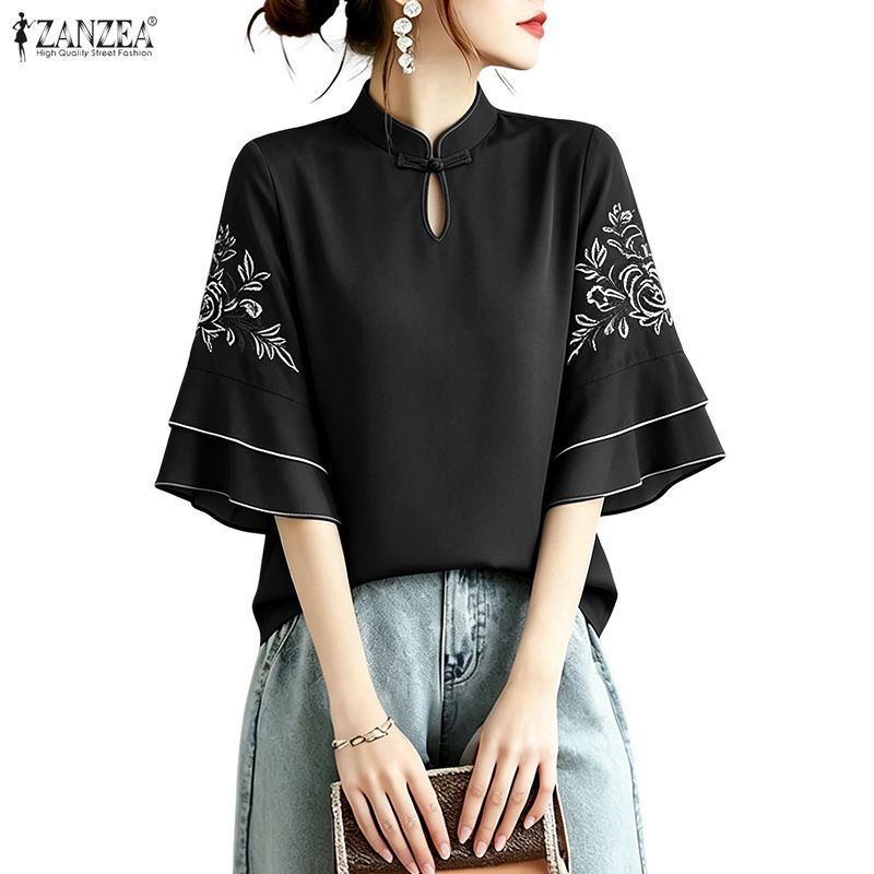 เสื้อเชิ้ตสไตล์วินเทจเกาหลีและจีนสำหรับผู้หญิง ออกแบบด้วยลายดอกไม้พิมพ์บนอก และปุ่มกด