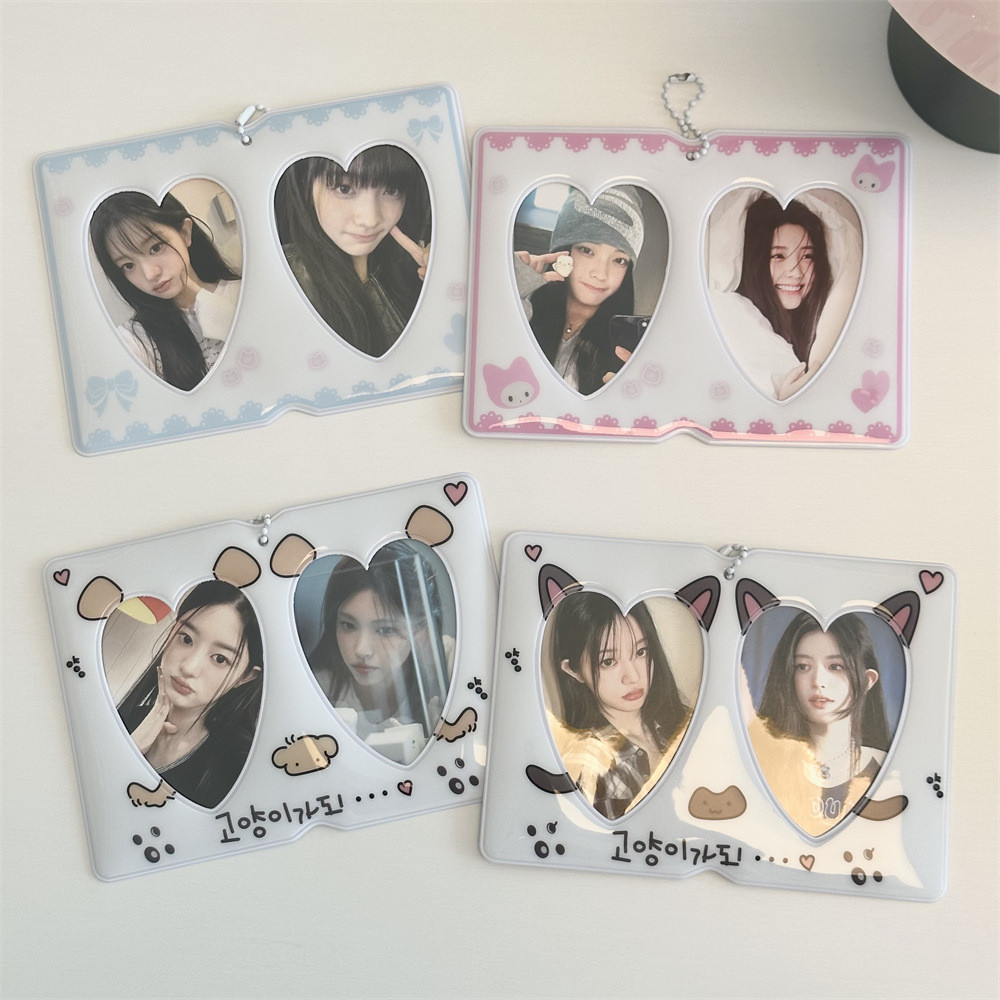 แมวน่ารักลูกสุนัขคู่สไตล์ Dual Grid Dual Card Slot 10 ซม.ผู้ถือบัตร Aidou Photocard Star Chasing Storage Display จี้