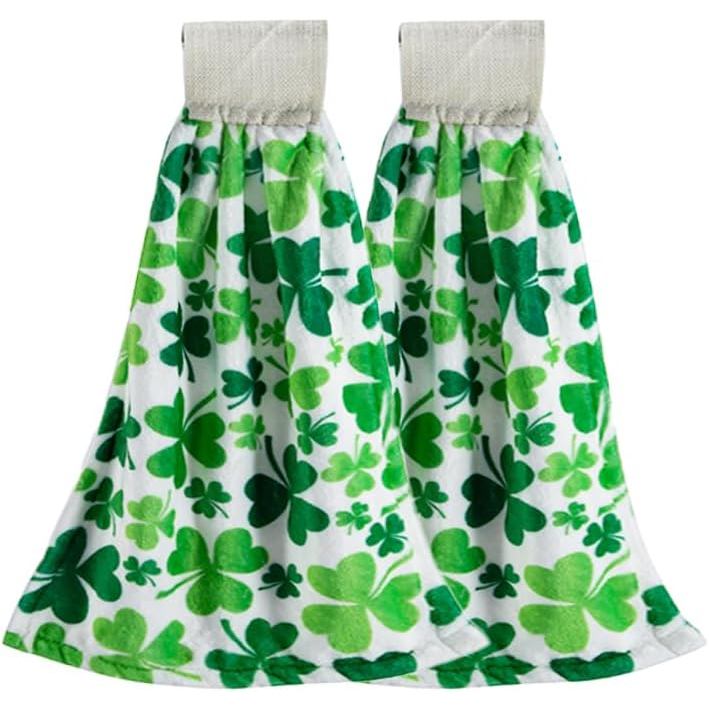 St Patricks Day ผ้าขนหนูครัวพร้อมห่วงแขวนชุด 2 ชิ้น, ผ้าขนหนูจาน Clover ดูดซับสูงนุ่ม, สีเขียว Lucky