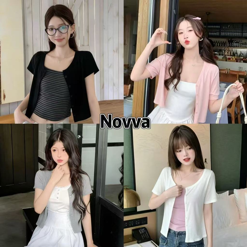 Novva ส่งไวจากไทย เสื้อแขนสั้น กระดุมหน้า ใส่สบาย ลุคเบสิค แมทช์ง่าย 4 สี