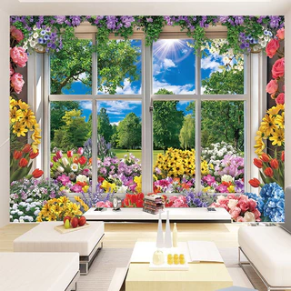 Healing Style Pastoral Window Scenery Tapestry 3D Extension Feeling Garden พื้นหลังผ้า B & B/Live Room Check-in พื้นหลังสาวหัวใจตกแต่งห้องนอน Tapestry [YT]