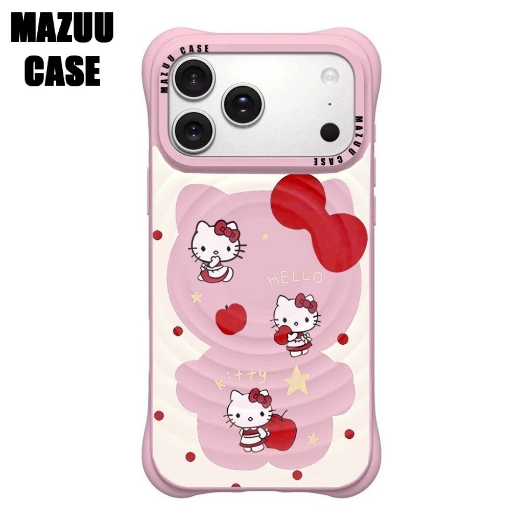 เคสไอโฟนแม่เหล็ก ลอนคลื่น มุมหนากันกระแทก ซิลิโคนชมพู ลายตัดกรอบHelloKitty iPhone 17 16 15 14 13 Pro Max Plus