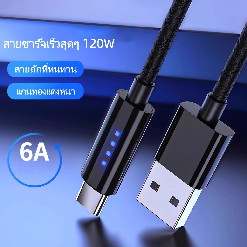 [ส่งจากไทย] สายชาร์จเร็ว 120W 6A Type-C / L สายชาร์จมีไฟ LED วิ่ง ชิปอัจฉริยะตัดไฟอัตโนมัติ สายถักหนาพิเศษ 1/1.5/2M