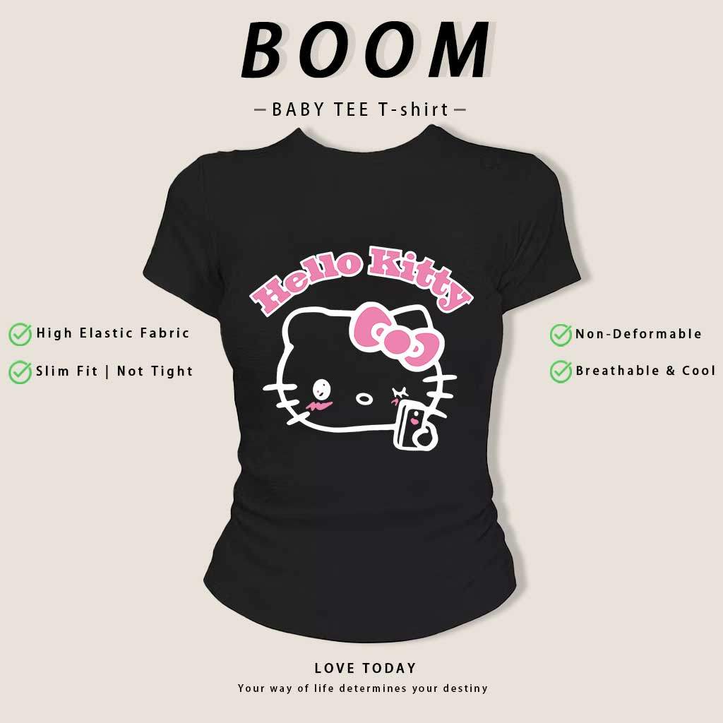 COD(จัดส่งภายใน 24 ชั่วโมง) เสื้อยืด  เกาหลี เสื้อครอปเข้ารูปbaby tee สาวอวบ y2k เสื้อคอกลม ลายแมวสีชมพูน่ารัก
