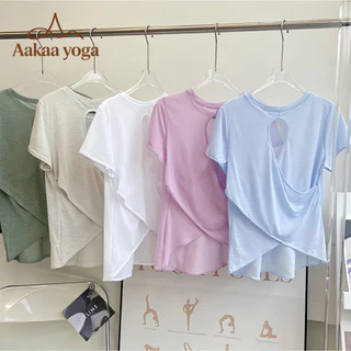 เสื้อยืดโยคะ เสื้อคลุมกีฬา สำหรับผู้หญิง คอกลม ทรงหลังโฮลโลว์สวยๆ วัสดุฝ้ายสายไผ่ ระบายอากาศดี กีฬายืดนุ่ม สไตล์ทรงกระบอกแขนสั้น