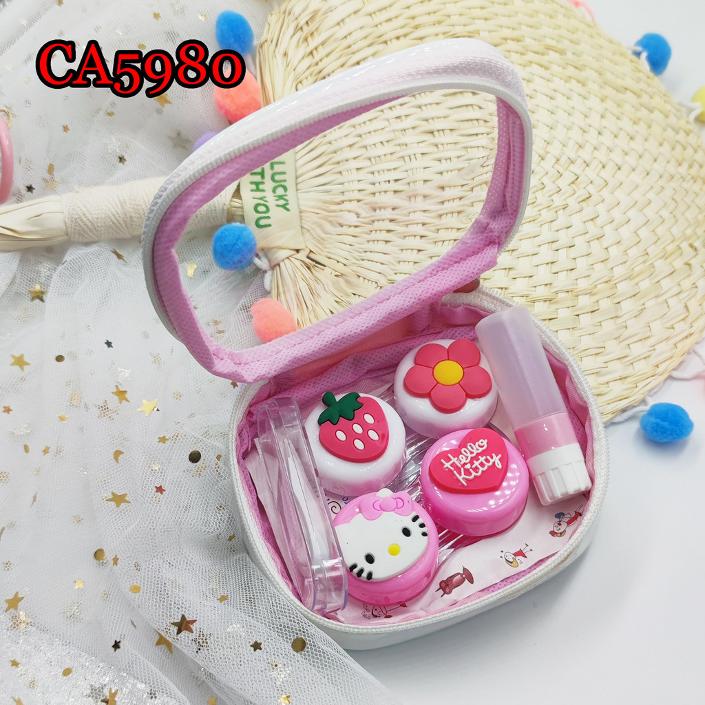 2 ชิ้น Big Diamond Hello Kitty กล่องใส่คอนแทคเลนส์พร้อมกล่องเก็บ PU การดูแลคอนแทคเลนส์เครื่องสําอาง 
