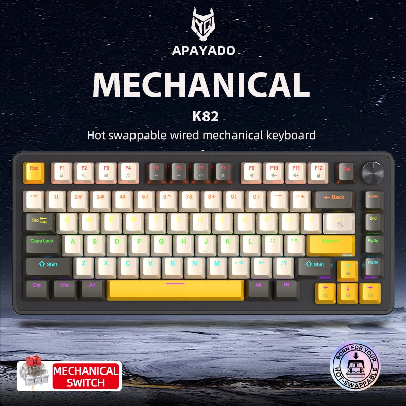 K82 Mechanical Wired Keyboard, with Media Knob, คีย์บอร์ดเกม APAYADO Hot-Swap, แบ็คไลท์ตัวละครโปร่งใ