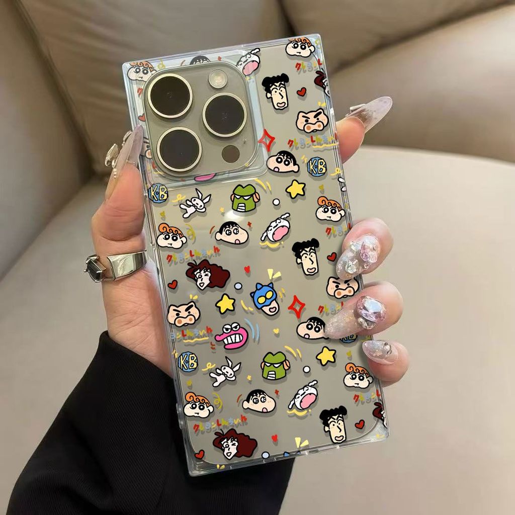 เคสโทรศัพท์ทรงสี่เหลี่ยมสําหรับ iPhone 11 12 13 14 15 16 17 pro max เต็มหน้าจอ Shin-Chan การ์ตูน TPU โปร่งใส
