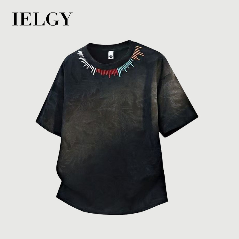 IELGY ปักฤดูร้อนรอบคอแขนสั้นเสื้อยืดผู้ชายอเมริกันย้อนยุคด้านบน